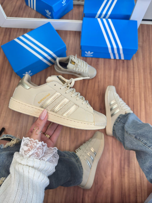 Tênis Adidas Super Star Off White Ouro Premium
